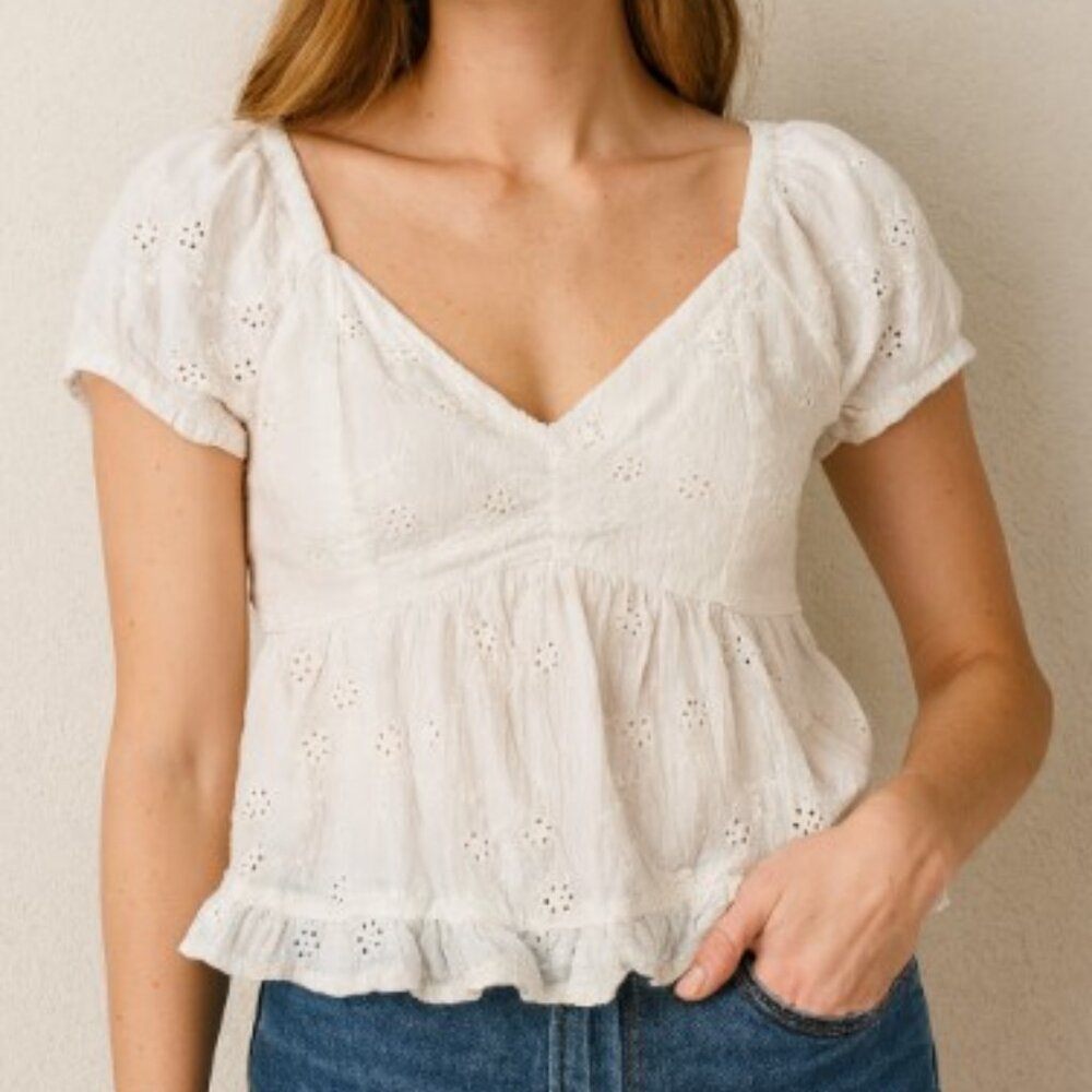 Pink Rose White Eyelet Top M Cottagecore Coquette Feminine Soft Girl Boho Garden